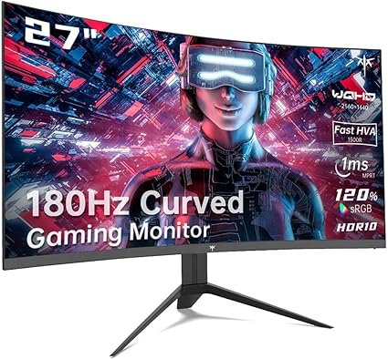 27 inch Gaming Monitor, 1440P Curved Monitor, 180Hz, 144Hz, 2K, 1500R, 1ms, FreeSync Premium/G-Sync,