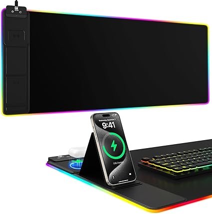 Mouse Pad with Phone Holder, Wireless Charging Desk Mat, RGB Gaming Mousepad Home Office Large Desk