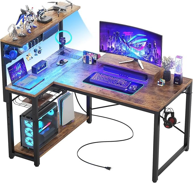 Homieasy Small Gaming Desk with Power Outlets Pegboard LED Light, 43 Inch L Shaped Computer Desk wit