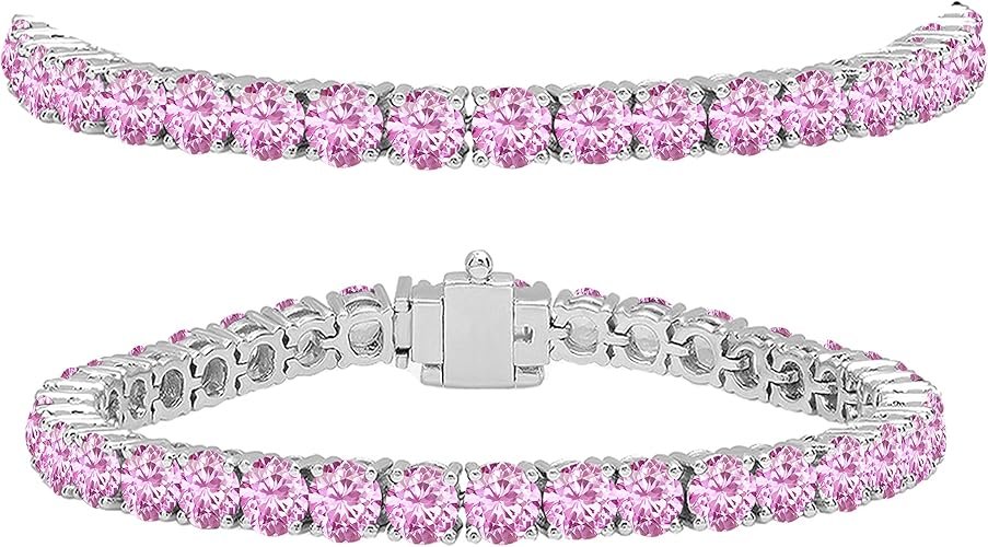 Dazzlingrock Collection Round Cut Real Pink Sapphire Womens Tennis Bracelet, 14K Solid White Gold