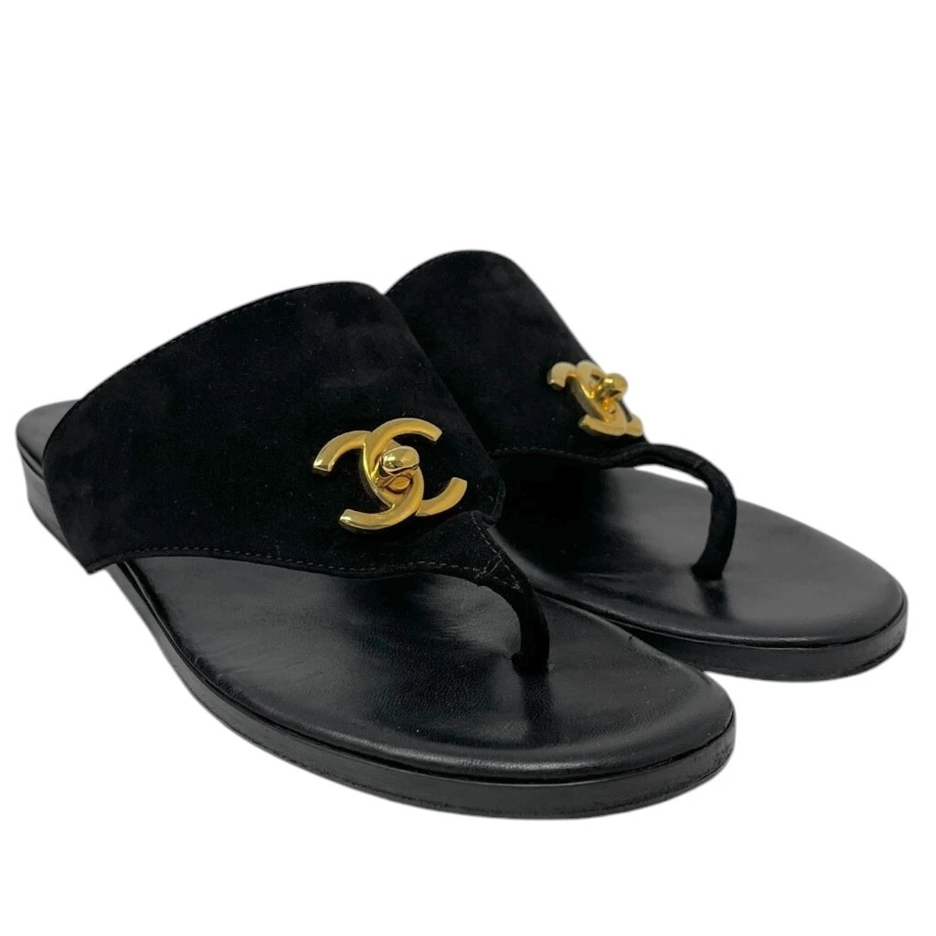 CHANEL Vintage CC Mark Logo Thong Sandals #37.5-38 Black Gold Suede Turnlock