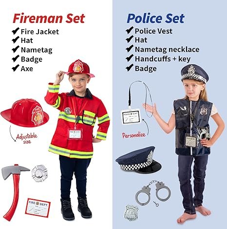 13-in-1 Bundle Kids Dress Up & Role Play Costume Set with Storage Box – Firefighter, Police, Chef, D