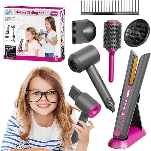 Girls Hair Salon Toys for Girls Beauty Salon Deluxe Styling Set -Kids Hair Dryer Toy, Straightener H