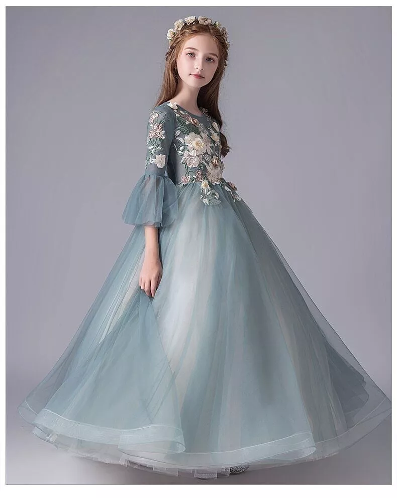 Blue Lace Flower Kids Dresses Girl Dresses Party Ball Gowns Pageant Dresses