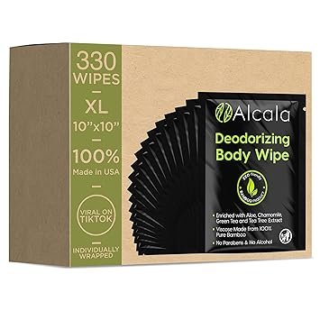 Alcala Deodorizing Body Wipes Individual Shower Wipes 100% Pure Biodegradable Bamboo Wet Wipes with 