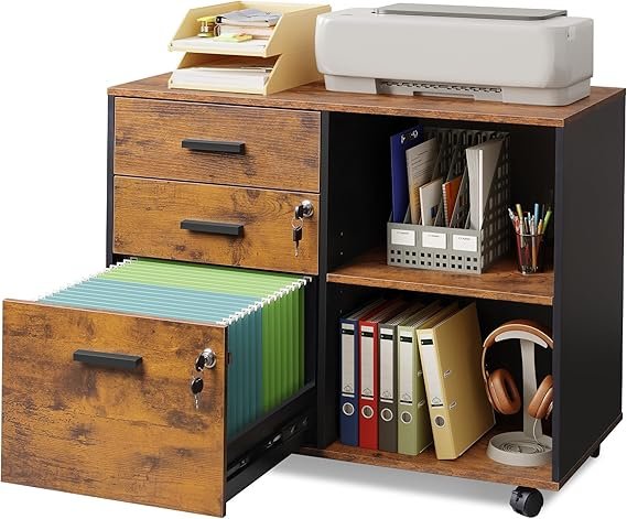 DEVAISE 3-Drawer Wood File Cabinet with Lock, Mobile Lateral Filing Cabinet, Printer Stand with Open