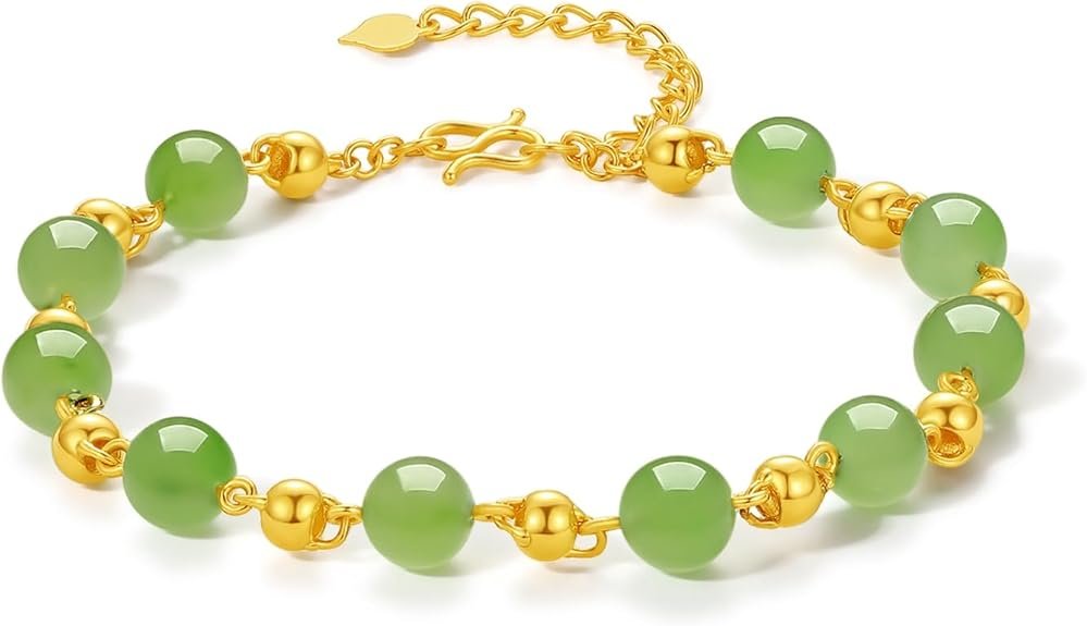 24K Gold Bracelet Women Jade Bracelets Healing Gemstone Green Beads Chain Good Luck Jewelry Ball Cha