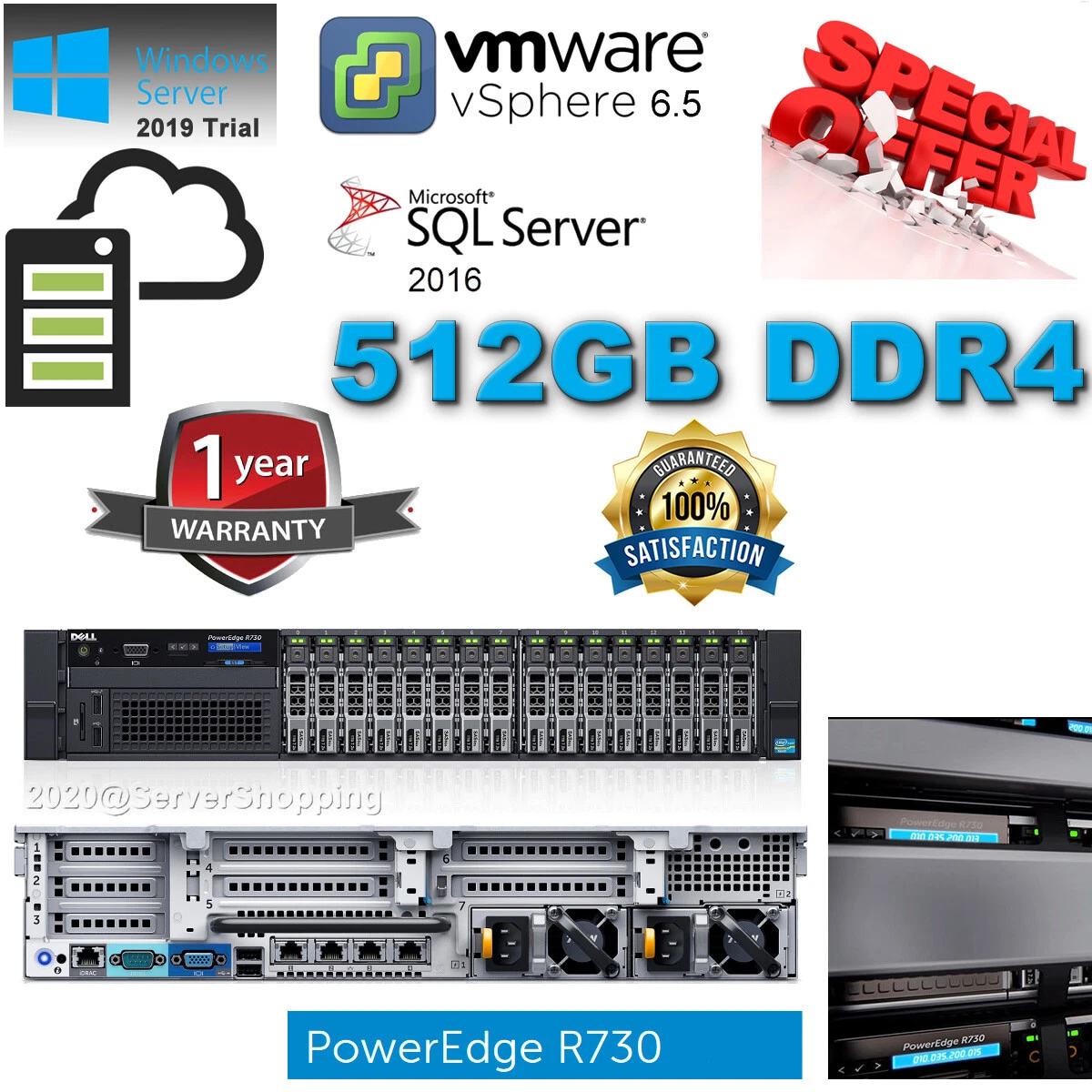 Dell PowerEdge R730 2x E5-2699V3 2.30Ghz 36-CORE 512GB DDR4 H730P 2x240GB SSD