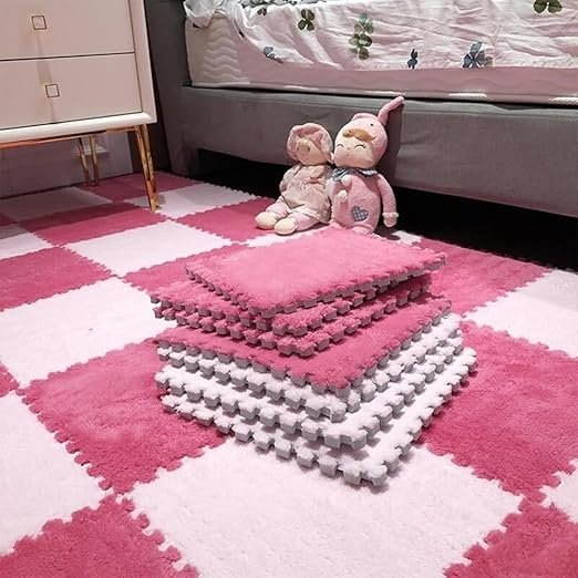 12 X 12 X 0.4 Inch, Two Colors Interlocking Carpet, Tiled Puzzle Play Game Mats with Border, Shaggy 