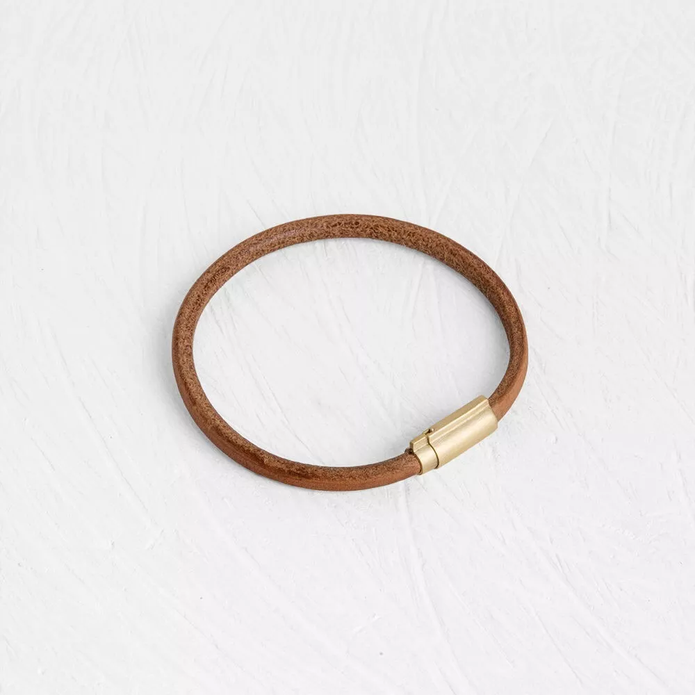 Brown Leather Bracelet Gold, For Men, Hand Made,Magnetic Gold Clasp, Length 19cm