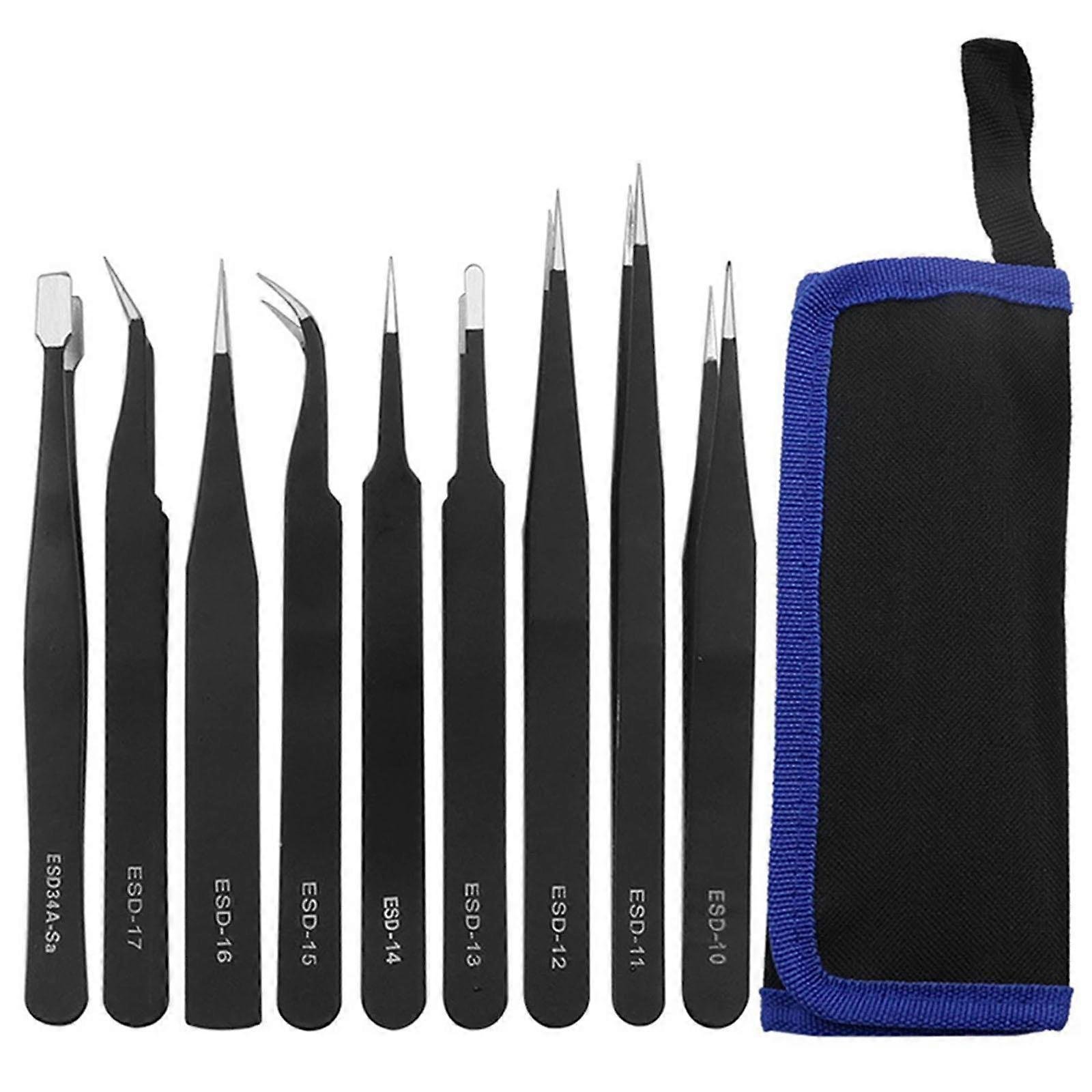 Tweezers Set 9 In 1 TE-A043 Antistatic ESD Precision Straight Curved