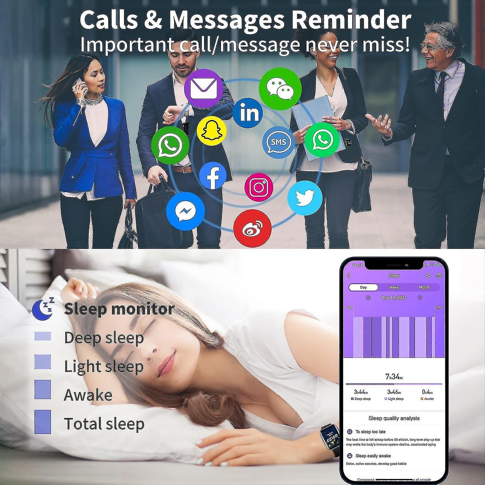 Smart Watch 1.69 Inch Full Touch Curved Screen Fitness Watch With Heart Rate Sleep Monitor