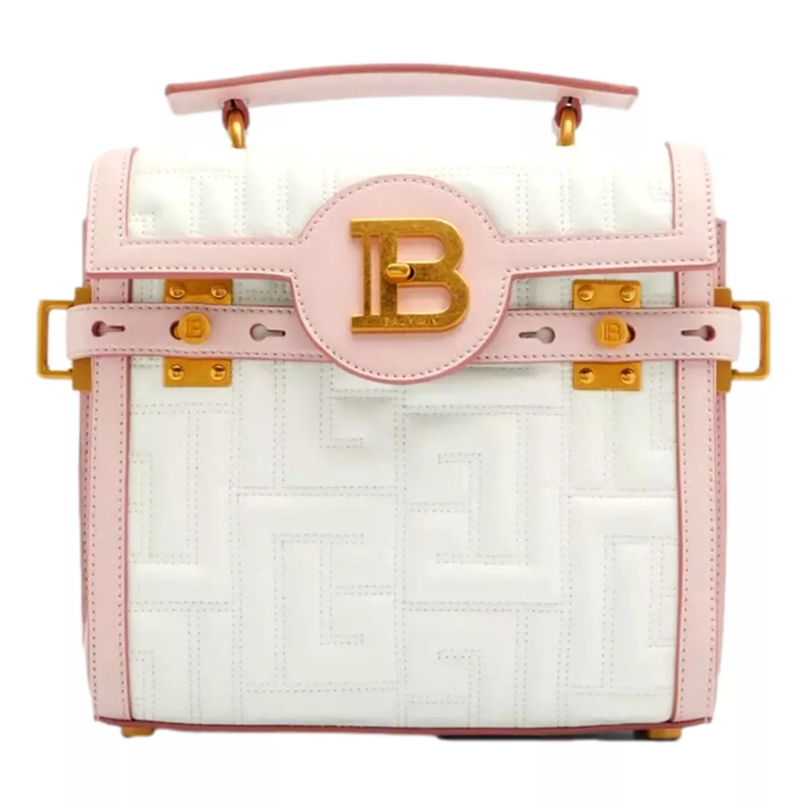 Balmain B-Buzz 23 Pink White Tote Crossbody Shoulder Bag Quilted Leather NEW