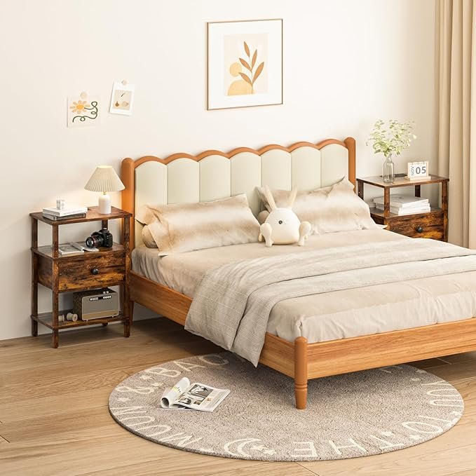 Lerliuo Nightstand with Charging Station and USB Ports, 3-Tier Storage End Table with Drawer Shelf, 