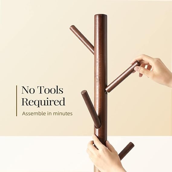 Pipishell Sturdy Wooden Coat Tree with 8 Hooks, 3 Adjustable Sizes for Clothes, Hat Stand Used in Be